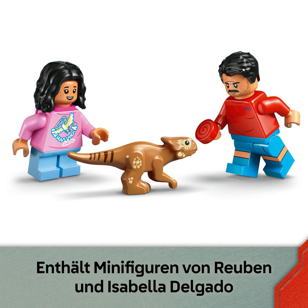 Lego-Figuren: Mädchen in rosa Hemd, Mann in rotem Hemd und brauner Dinosaurier. Szene enthält Text: Enthält Minifiguren von Reuben und Isabella Delgado.