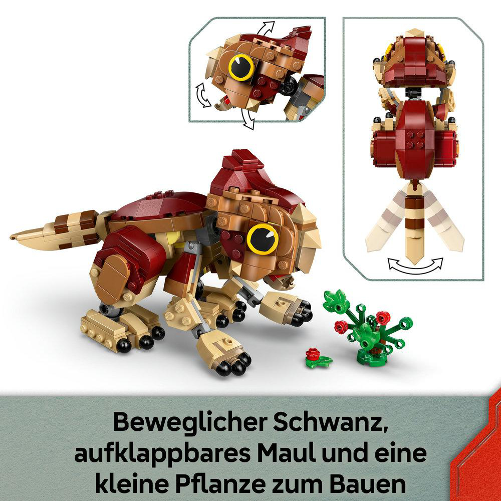 Ein Lego-Dinosaurier wird in verschiedenen Positionen gezeigt, zusammen mit einer kleinen Pflanze. Der Dinosaurier ist braun und rot.