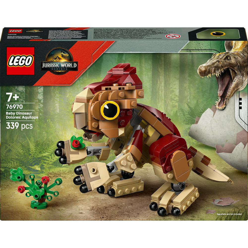 Ein Lego Jurassic World Set-Karton zeigt einen Babydinosaurier. Die Box zeigt auch das Logo, das Dinosaurier-Modell und Zubehör.