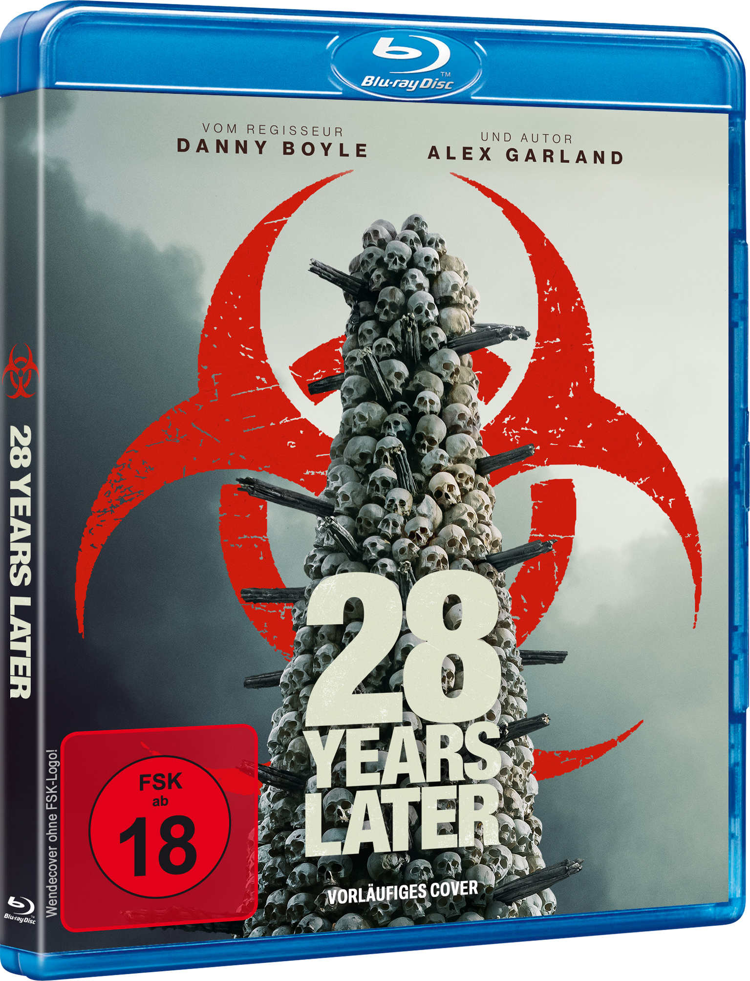 Blu-ray-Cover für '28 Years Later'. Enthält eine Schädelstruktur, ein rotes Biohazard-Symbol und den Filmtitel. FSK 18-Einstufung.