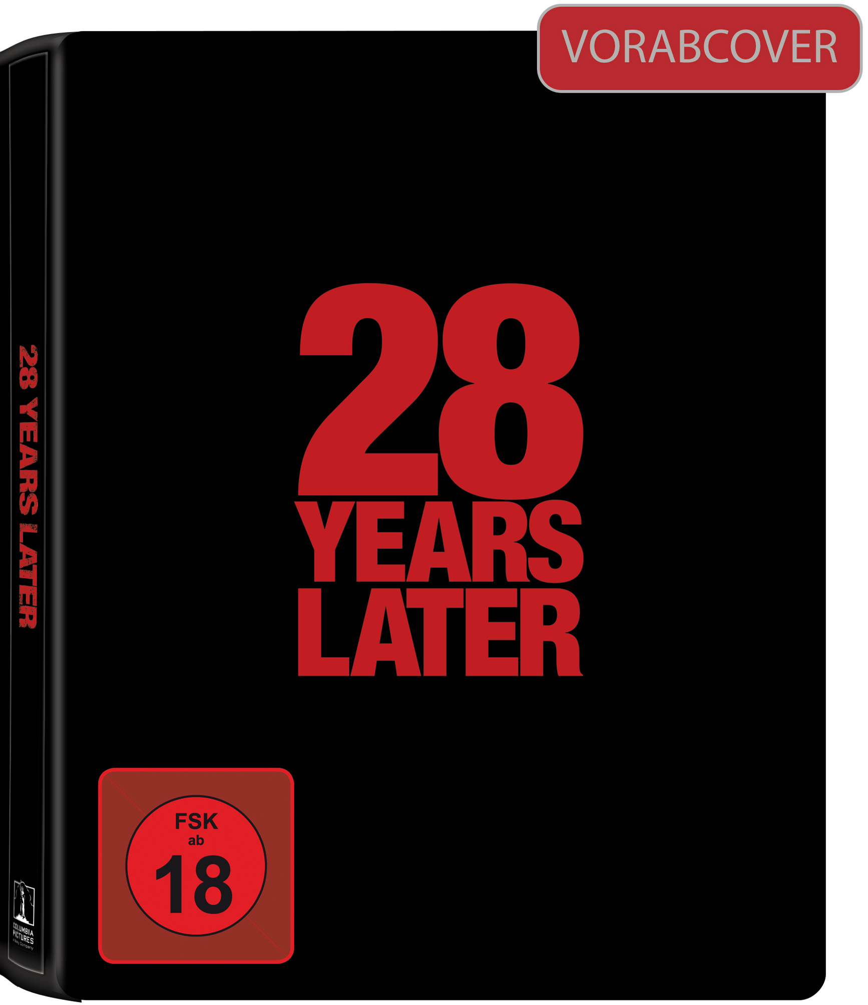 Schwarzes Filmcover mit rotem Text: 28 YEARS LATER. Außerdem eine 18er-Bewertung und ein rotes Rechteck mit der Aufschrift VORABCOVER.