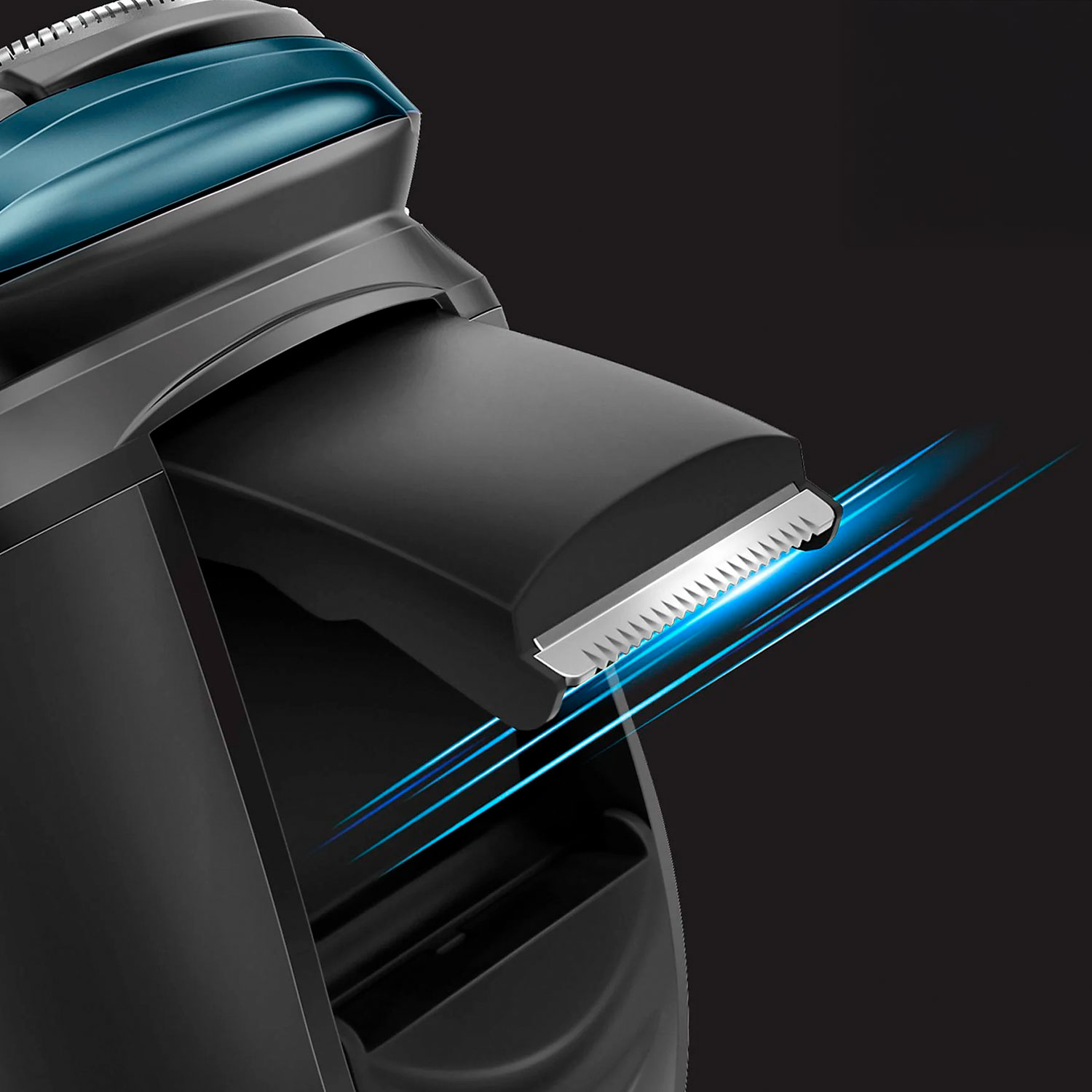 Primer plano de una afeitadora eléctrica negra y azul verdoso. Las cuchillas son visibles con rayos de luz azul. El fondo es negro.
