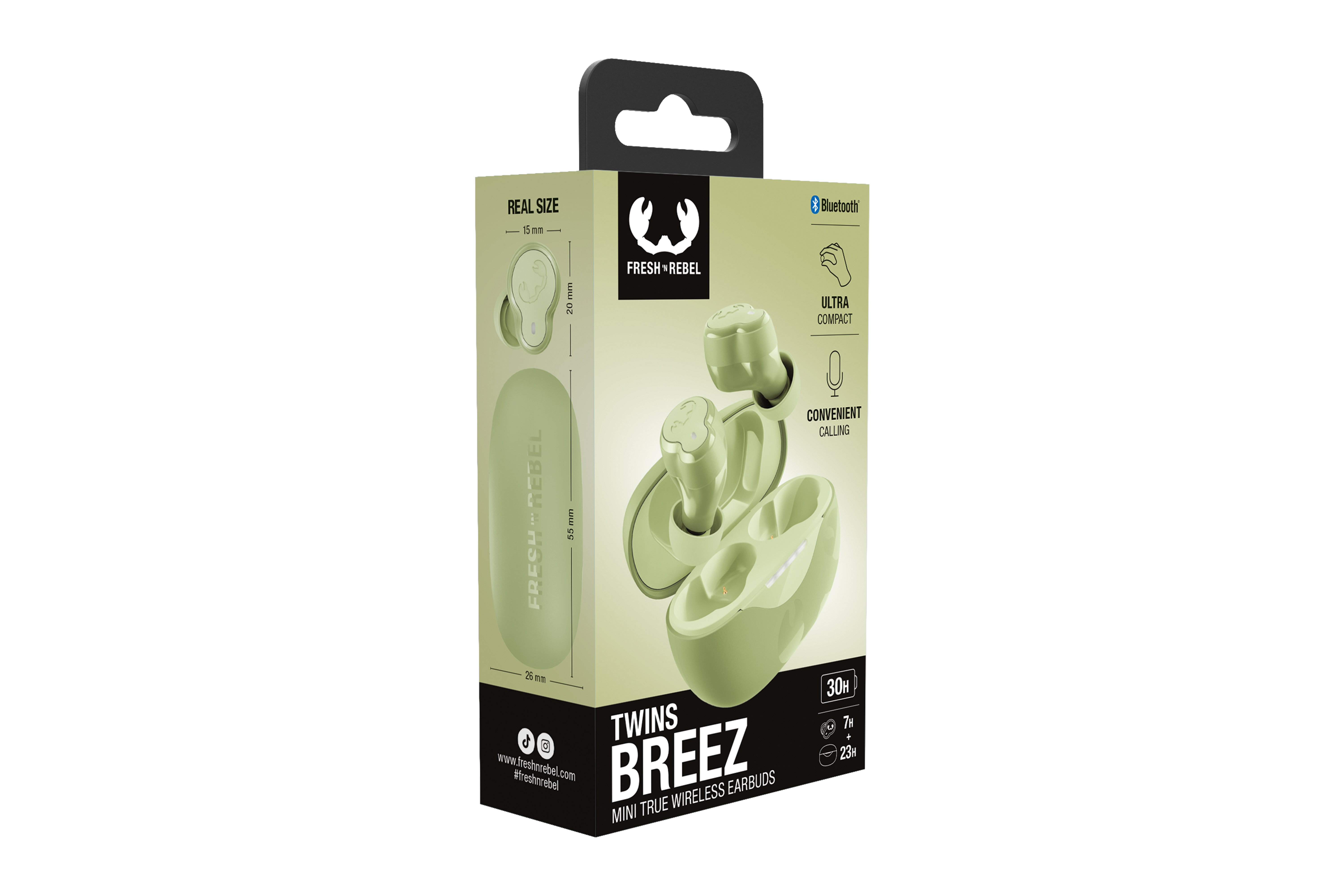 Yeşil kulaklıklı kutu. Metin, 'Twins Breez', 'Fresh Rebel' ve boyutları içerir. Kulaklıklar kutu üzerinde görüntülenir.