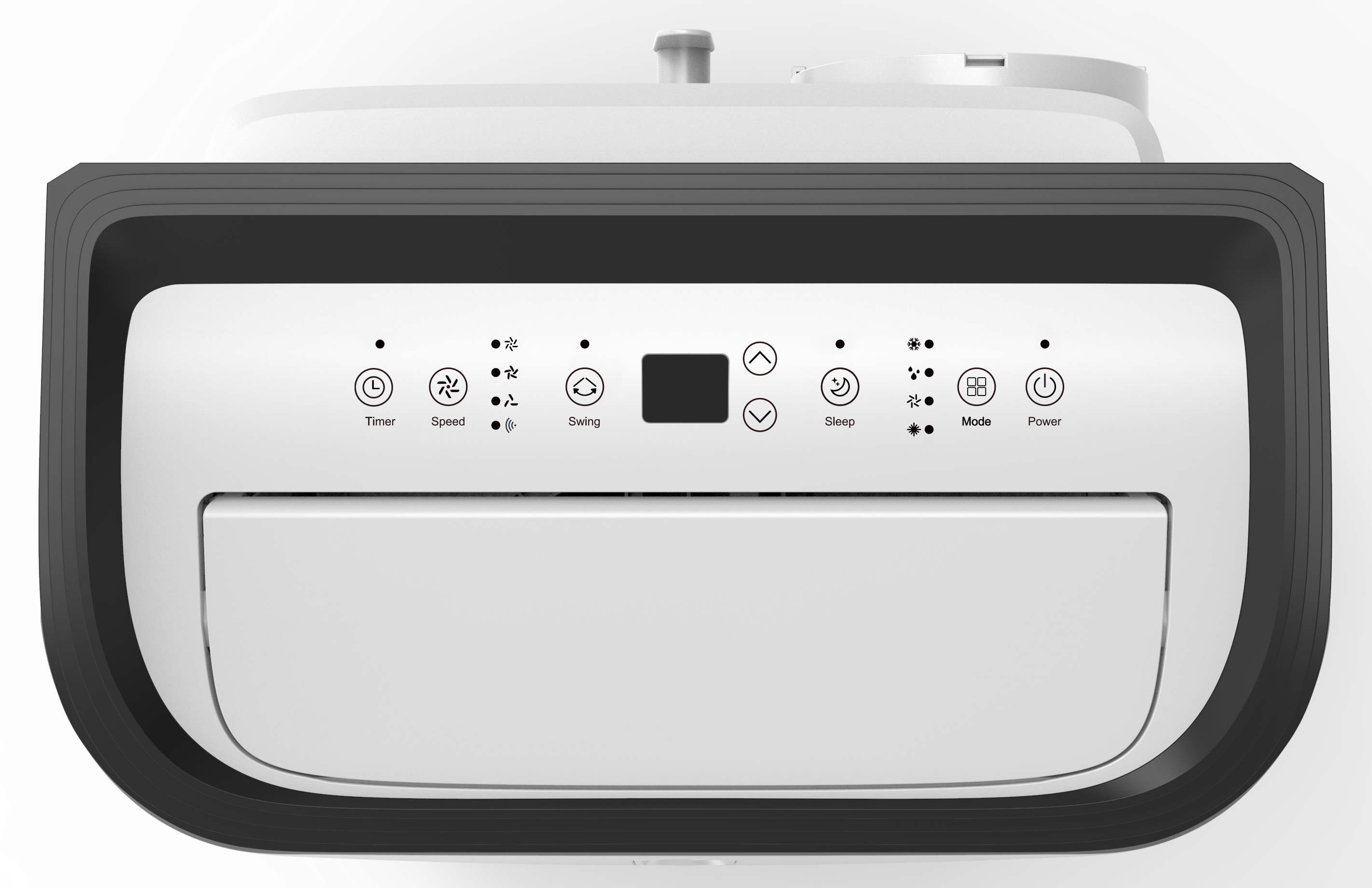 Panel sterowania klimatyzacją. Biały z czarną obwódką. Przyciski do timera, prędkości, oscylacji, uśpienia, trybu i zasilania.