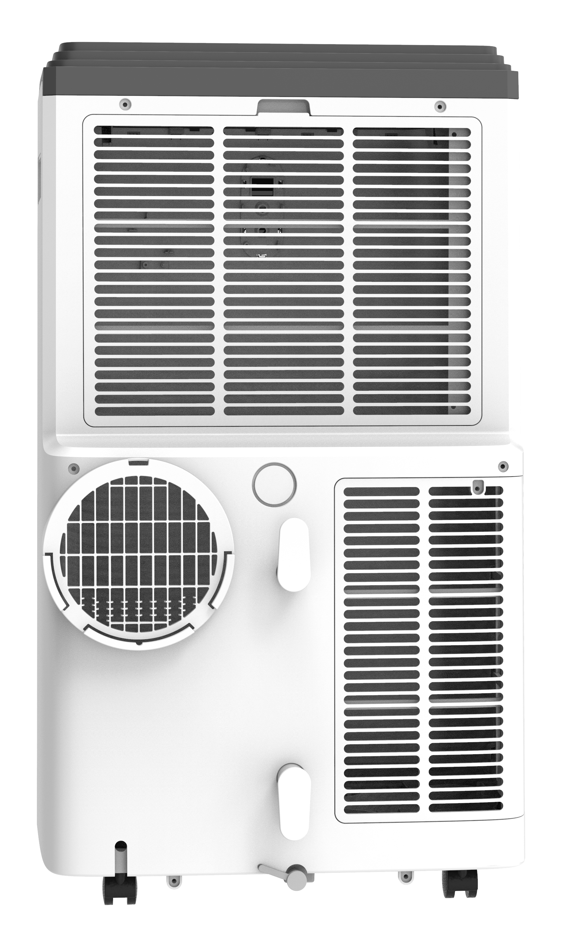 Biało-szara klimatyzacja. Posiada otwory wentylacyjne, okrągły wydech i panel sterowania. Urządzenie ma czarną górę i dół.