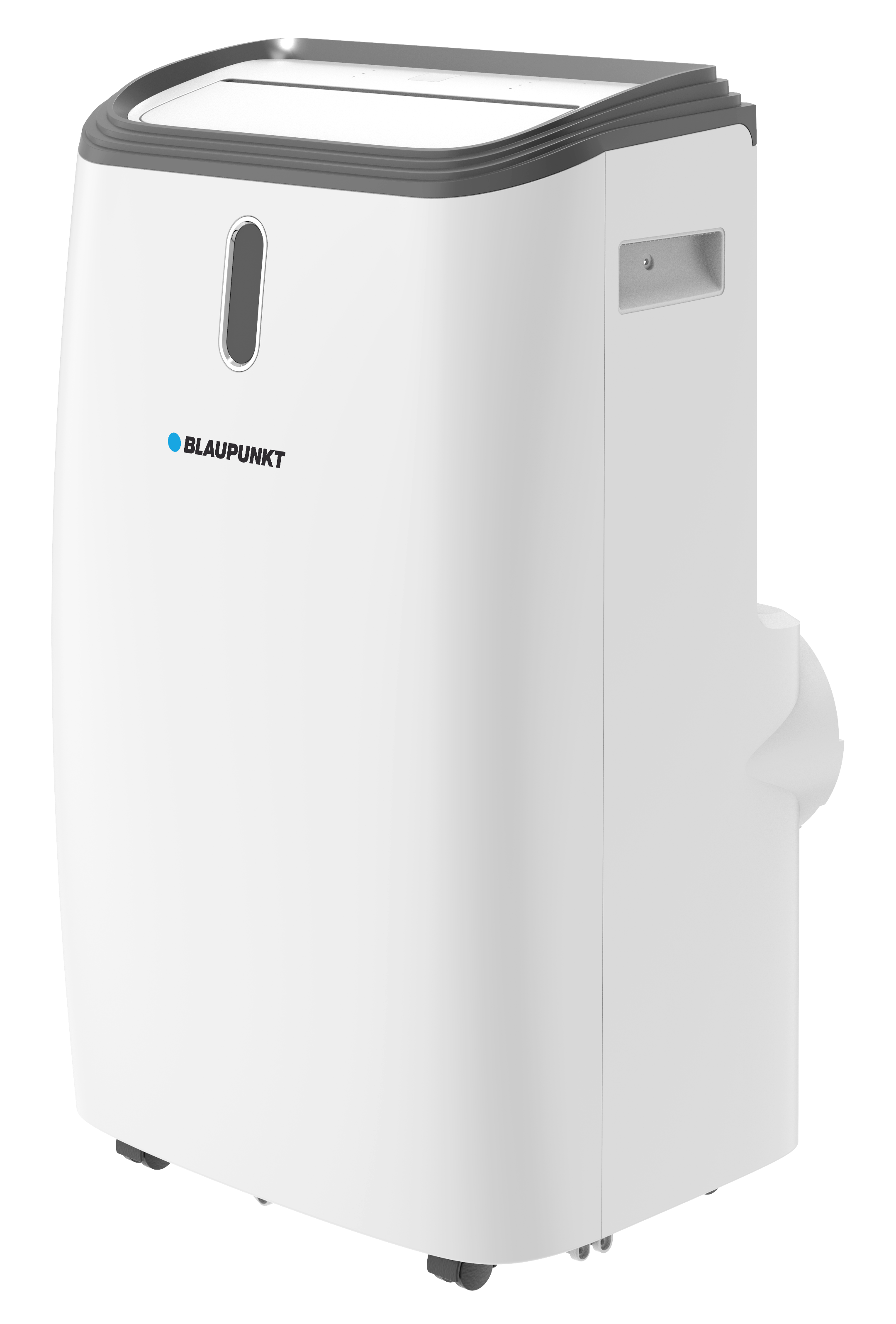 Biały przenośny klimatyzator Blaupunkt z szarą górą. Ma panel sterowania i otwór wentylacyjny z boku.