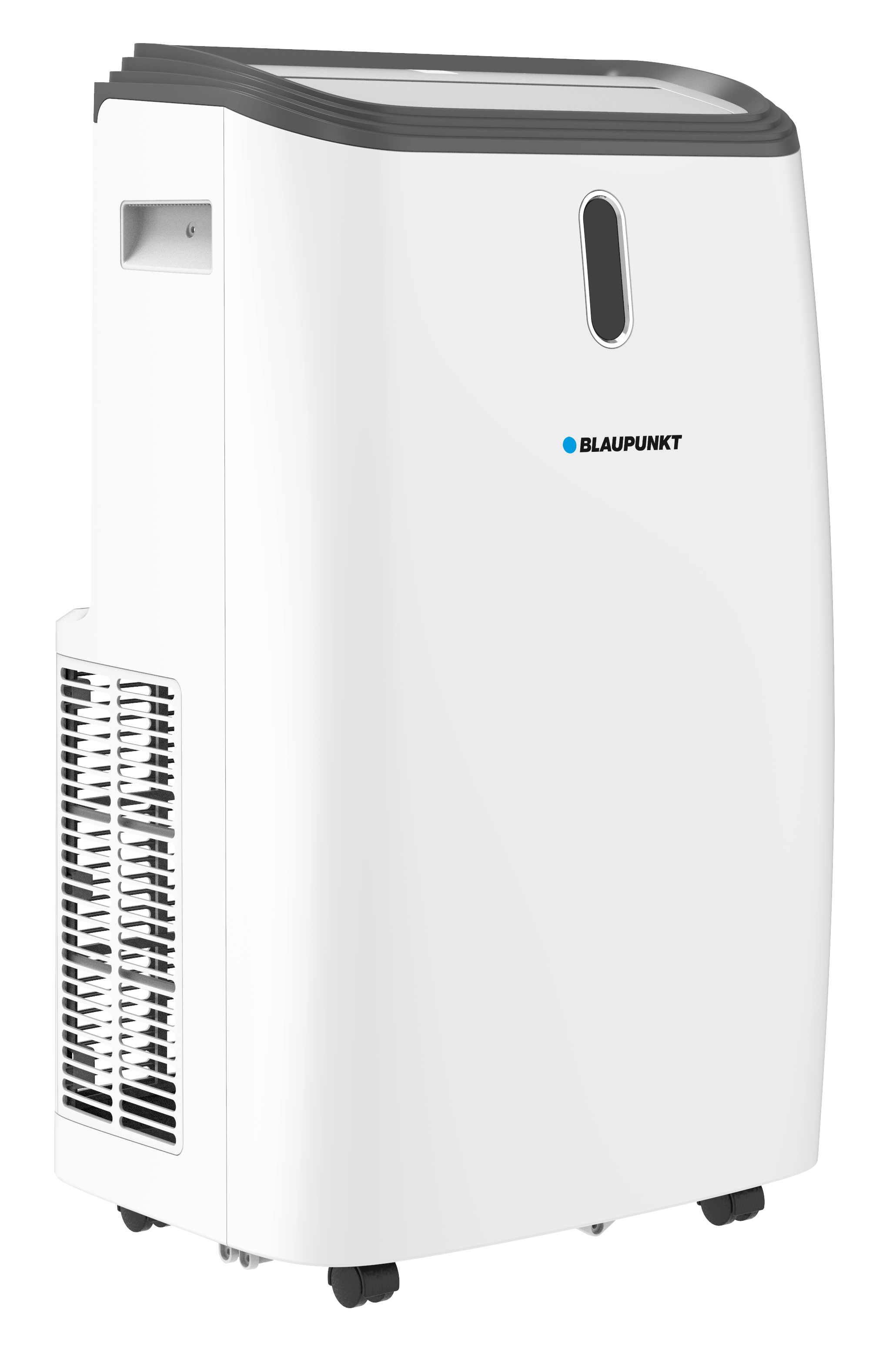 Biały przenośny klimatyzator z szarą górą, otworem wentylacyjnym i logo Blaupunkt. Posiada kółka.