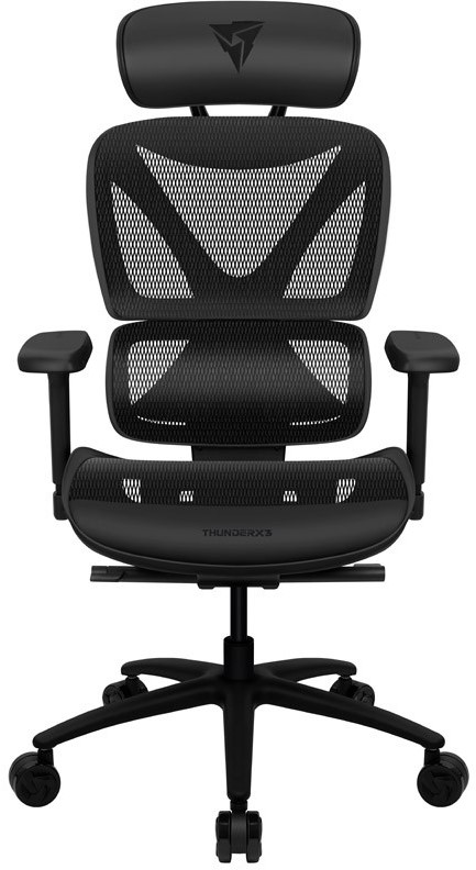 Sedia da ufficio ergonomica nera. Schienale in rete, poggiatesta, braccioli e base a cinque ruote. Logo ThunderX3 sul poggiatesta e sulla base.