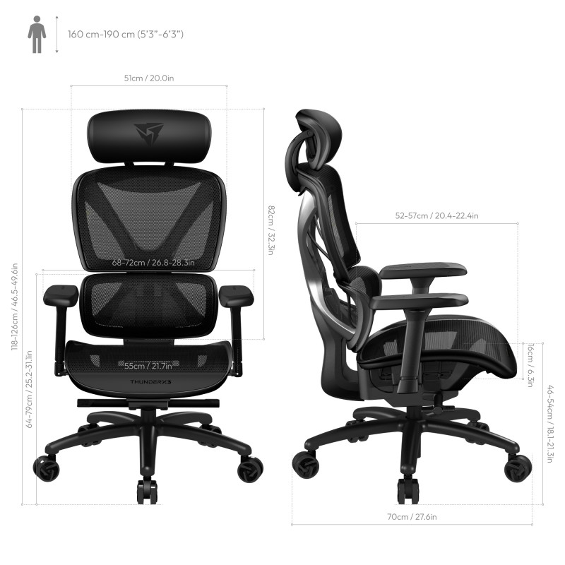 Sedia da ufficio ergonomica nera con dimensioni etichettate. Ha un poggiatesta, schienale in rete, braccioli e una base a cinque ruote.