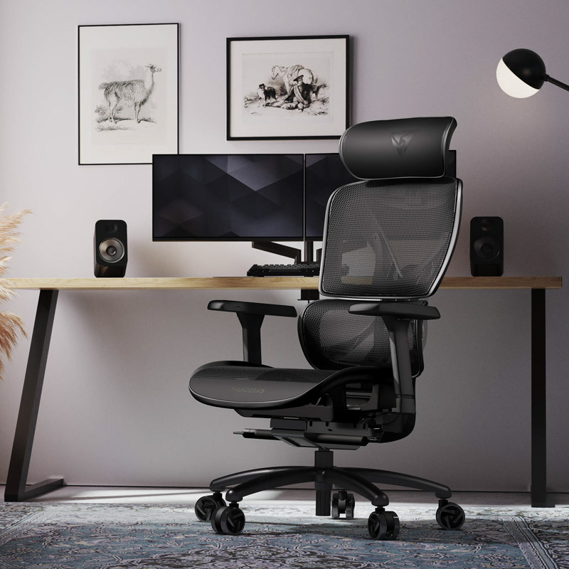 Una sedia ergonomica nera si trova di fronte a una scrivania con un monitor. Sono presenti anche opere d'arte e altoparlanti. La stanza ha un tappeto.