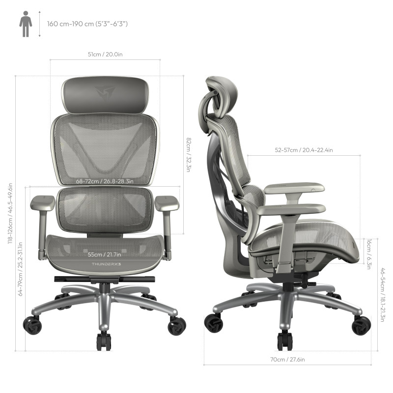 Una sedia da ufficio ergonomica grigia con misure in cm e pollici è mostrata nelle viste anteriore e laterale.