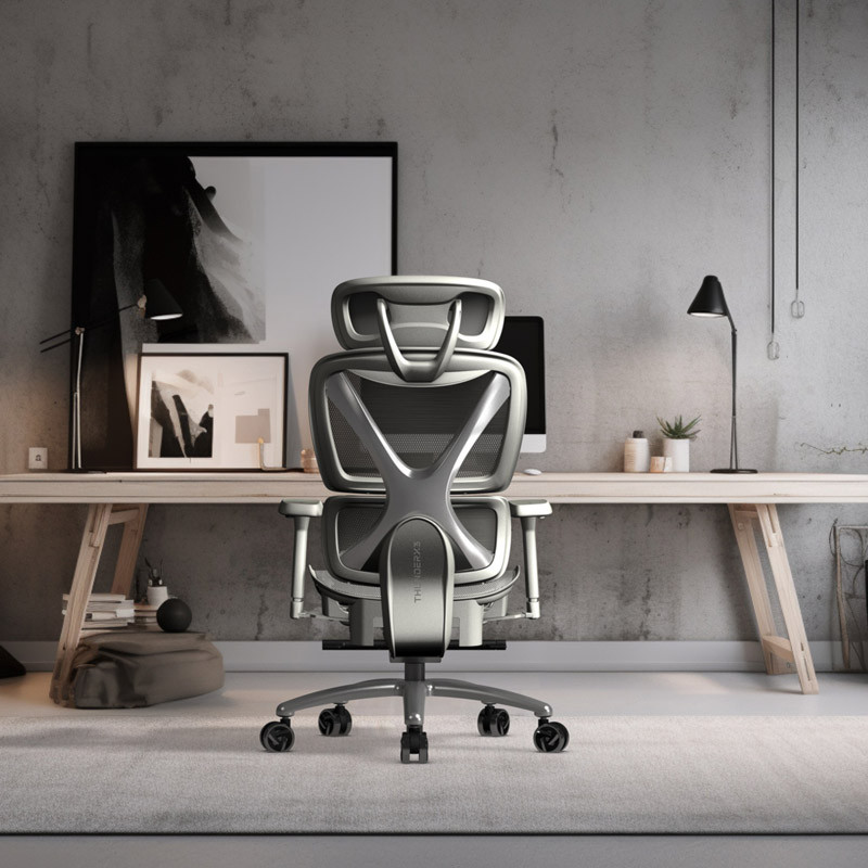 Un moderno ufficio con sedia ergonomica grigia, scrivania con decorazioni e opere incorniciate su un muro di cemento.