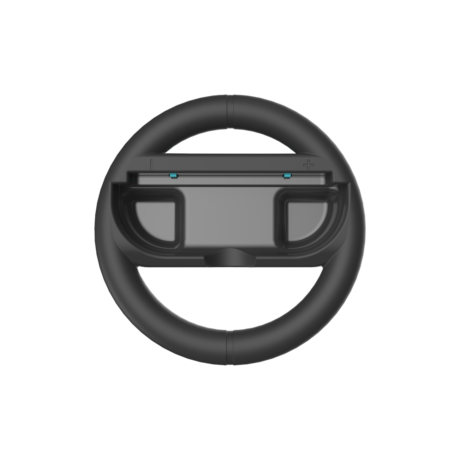 Un volant noir avec un insert rectangulaire contenant deux écrans gris et un bouton bleu.