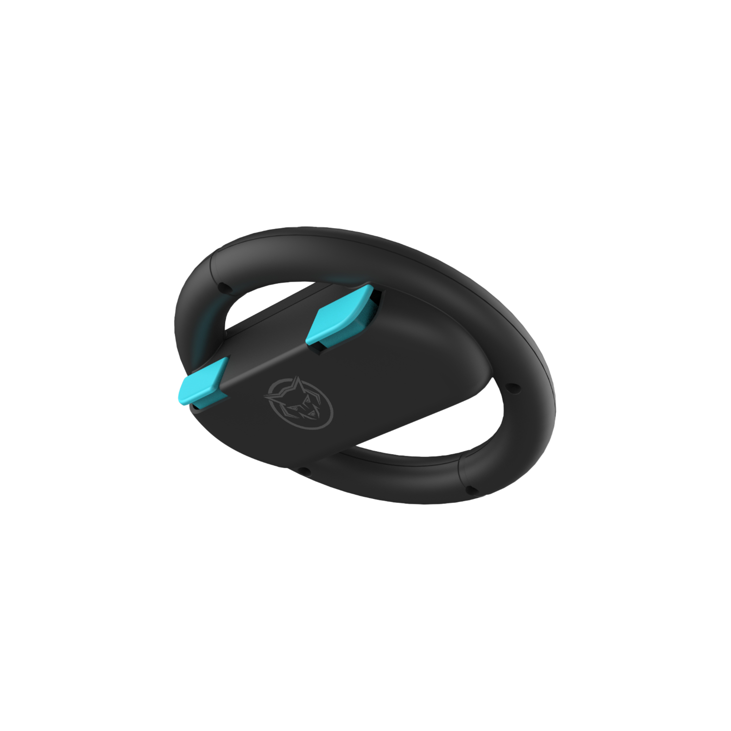 Un volant noir avec des accents bleus et un logo sur fond noir. Il possède deux boutons bleus.