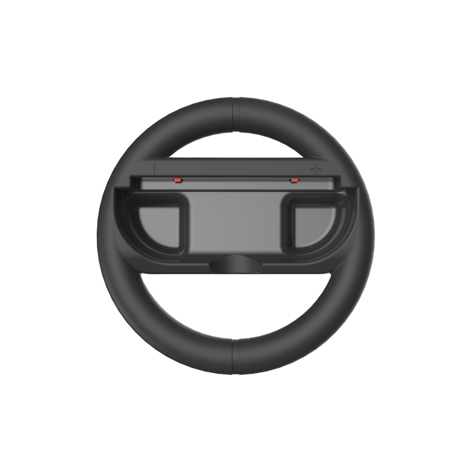 Un volant noir avec un appareil gris au centre. Des boutons rouges sont en haut. Le fond est noir.