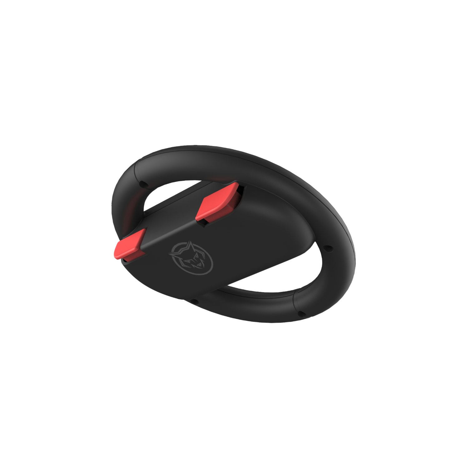 Un volant de jeu noir et rouge sur fond noir. Il y a un logo sur le devant.