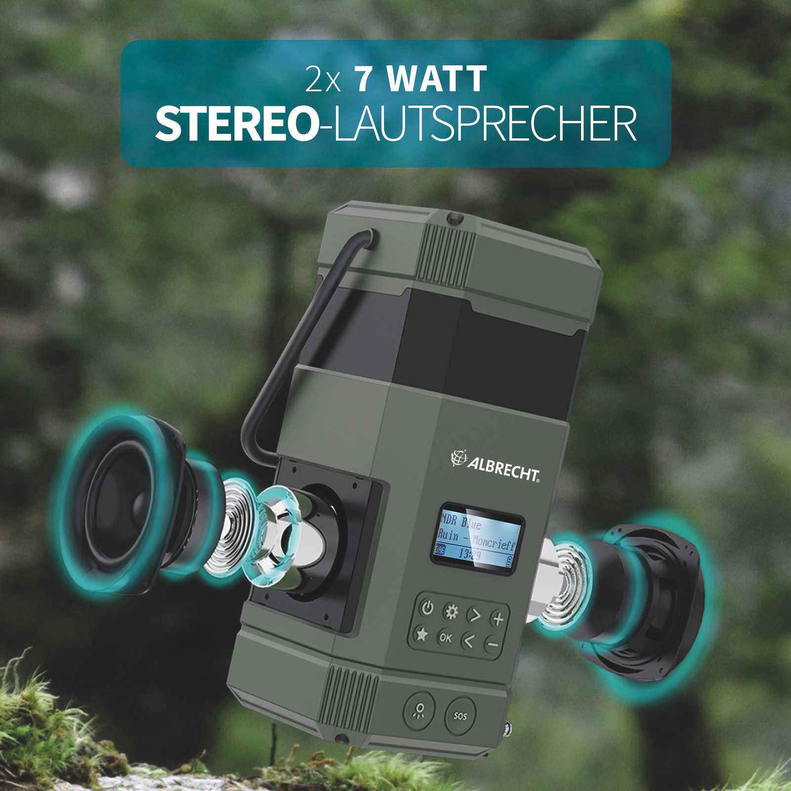 Ein grüner Stereolautsprecher mit zwei Lautsprechern, einem Display und einem Griff. Text: '2x7 Watt Stereo-Lautsprecher'.