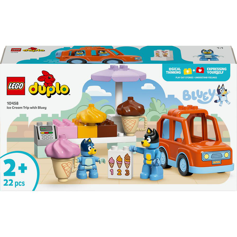 Lego Duplo Set, Bluey-Eiscreme-Ausflug. Enthält blaue und orangefarbene Figuren, Eiswaffeln und ein Auto.