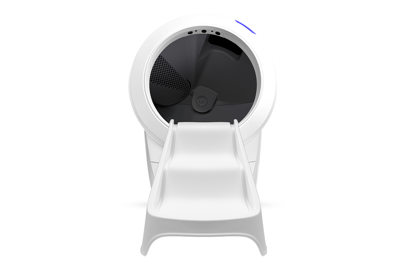 Eine weiße, automatisierte Katzentoilette mit rundem Hauptkörper und Rampe. Der Innenraum ist dunkel, oben ist ein blaues Licht.