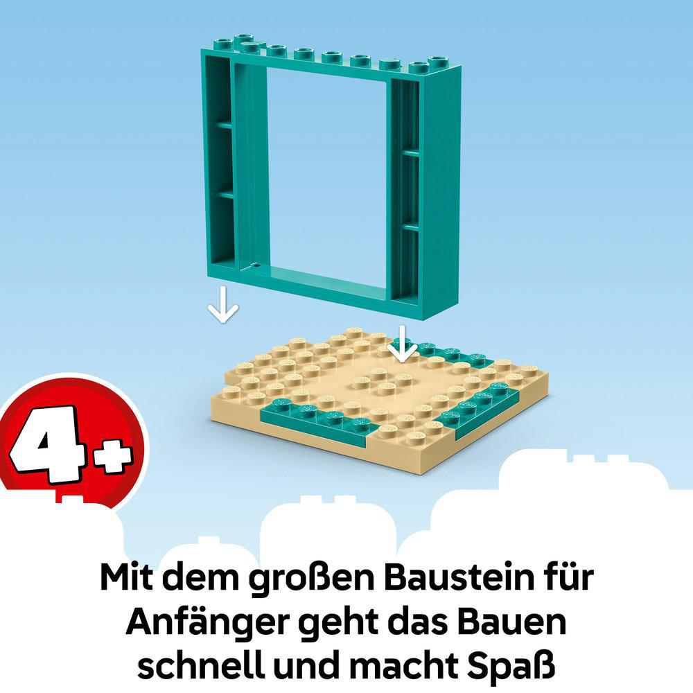 Lego-Blöcke: ein grüner Rahmen über einer beigen Basis mit grünen Noppen. Ein roter Kreis zeigt das Alter 4+. Text unten auf Deutsch.