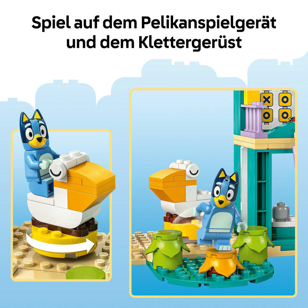 Bluey-Figuren auf einem Pelikan-Spielset und Klettergerüst. Die Szene ist hell und verspielt, mit bunten Lego-Steinen.