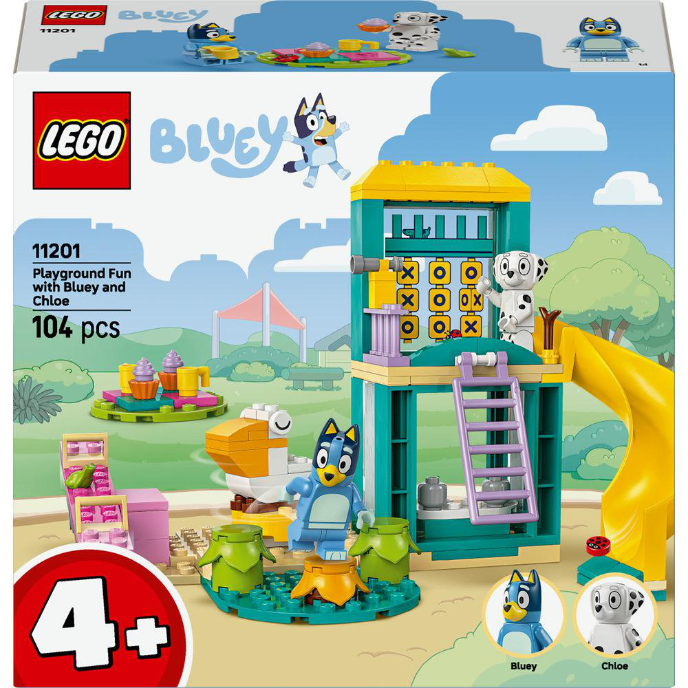 LEGO Bluey Spielplatz-Set. Enthält Bluey- und Chloe-Figuren, eine Rutsche, eine Spielstruktur und andere Spielplatzelemente. Die Box zeigt das Set zusammengebaut.