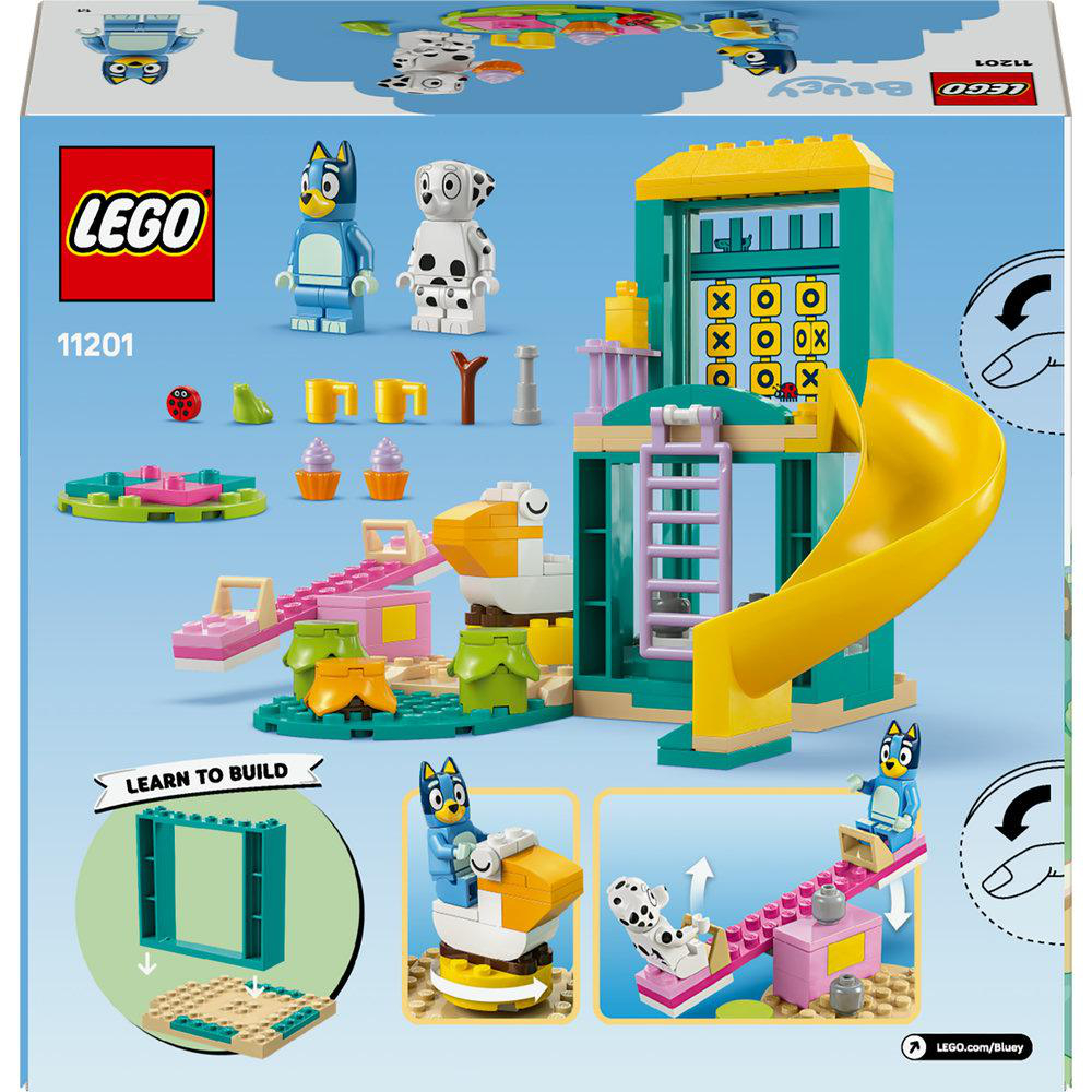 Lego Bluey-Set. Enthält Bluey- und Bingo-Figuren, Spielplatzgeräte wie Rutsche, Wippe und Klettergerüst.