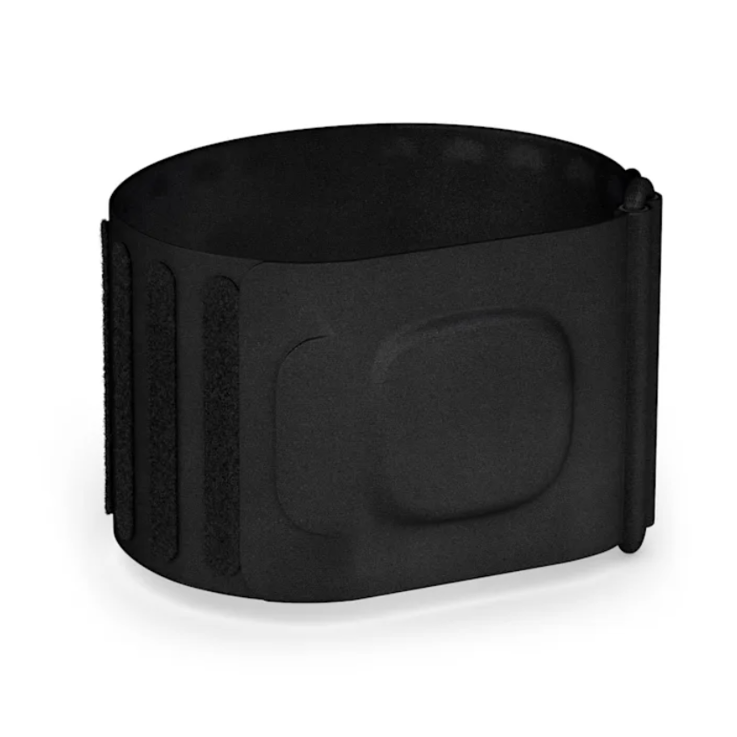 Zwart, cilindrisch draagbaar apparaat, mogelijk een medisch apparaat. Heeft een gebogen vorm en klittenbandstrips aan de zijkant.