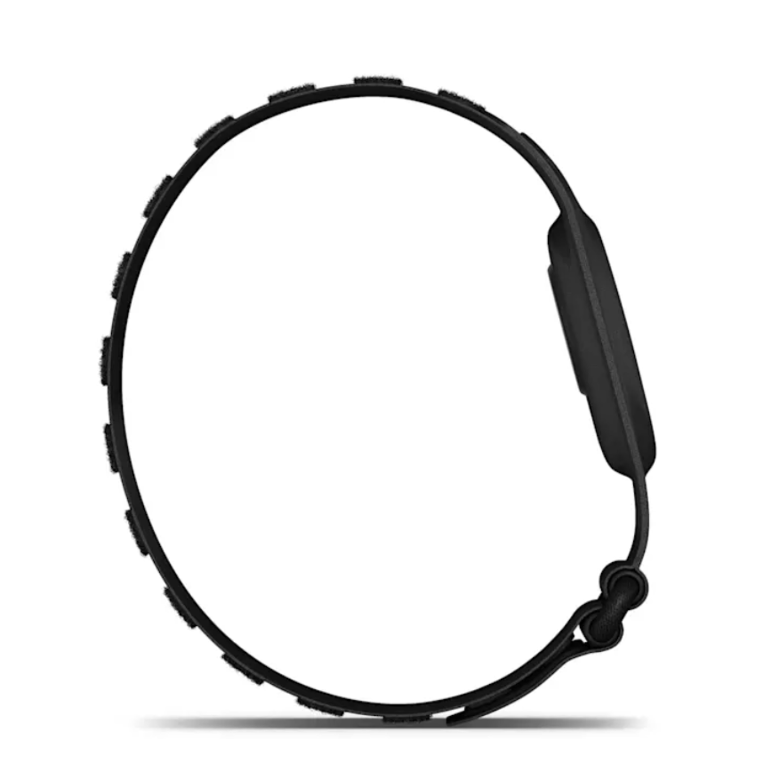 Zwarte fitness tracker band, cirkelvormig. De band heeft een horloge-achtig uiterlijk met een kleine rechthoek aan één uiteinde.