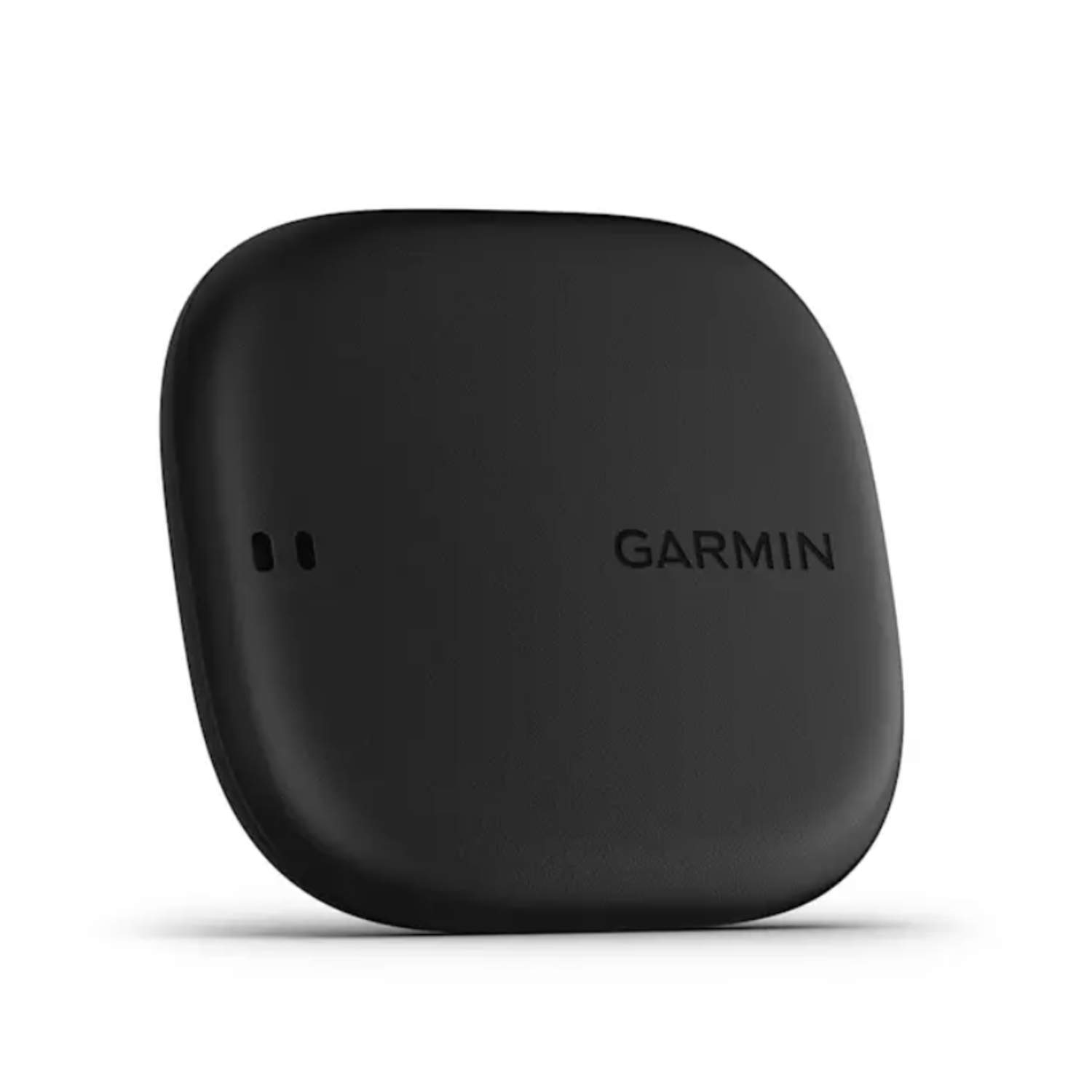 Een zwart Garmin-apparaat met afgeronde randen wordt weergegeven. De merknaam is zichtbaar aan de voorkant. Twee kleine gaatjes aan de bovenkant.
