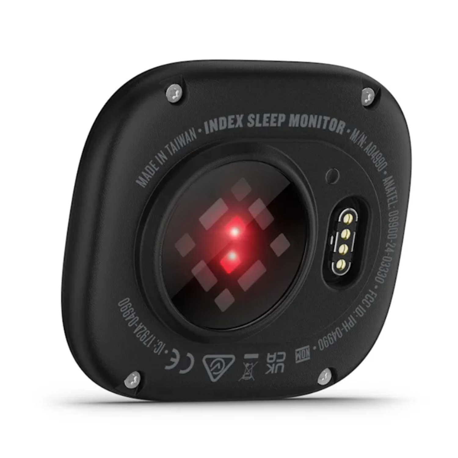 Close-up van een zwarte Garmin slaapmonitor. Het heeft een rode sensor, zilveren schroeven en gedrukte tekst met 'Made in Taiwan' en modelinfo.