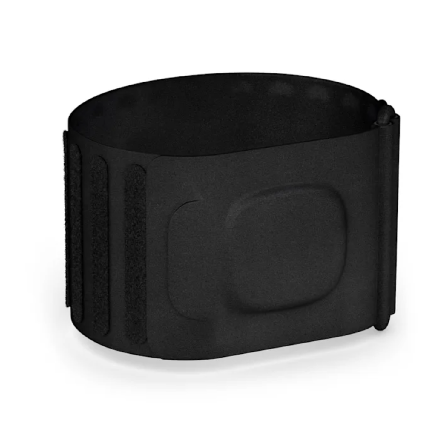 A black, cylindrical device with Velcro straps on the left side. It has a rounded rectangular shape on the front.