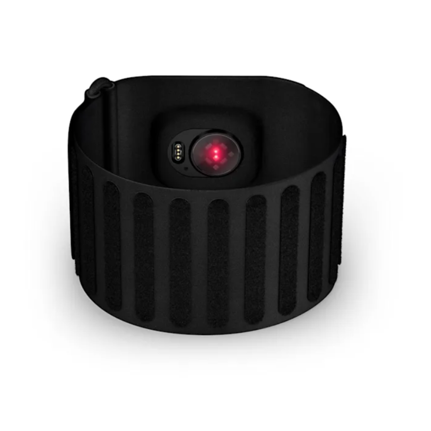 A black fitness tracker wristband with a red light sensor. The band has vertical stripes. The background is white.