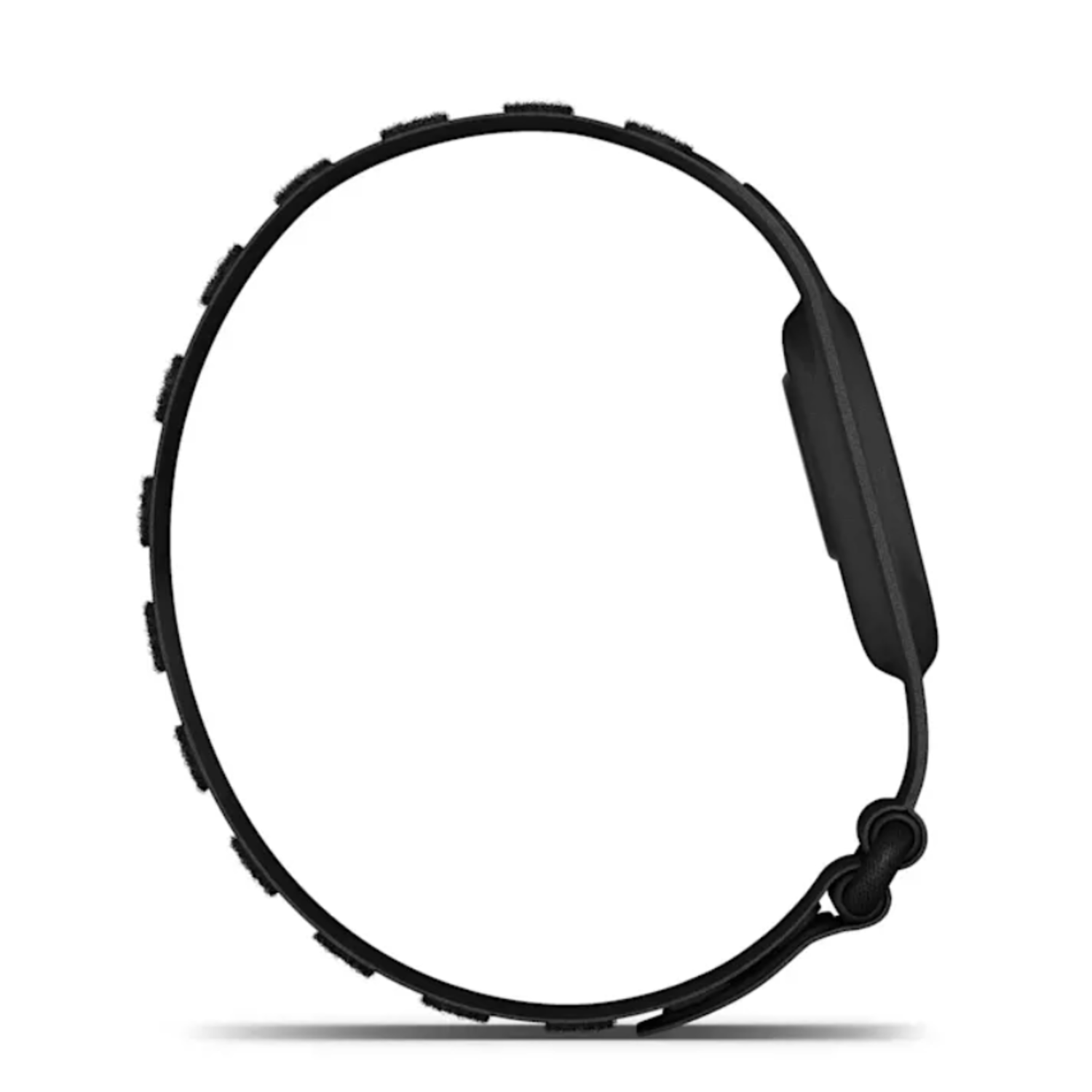 A black fitness tracker band, circular shape. Features a rectangular module and a clasp. The band has small textured sections.