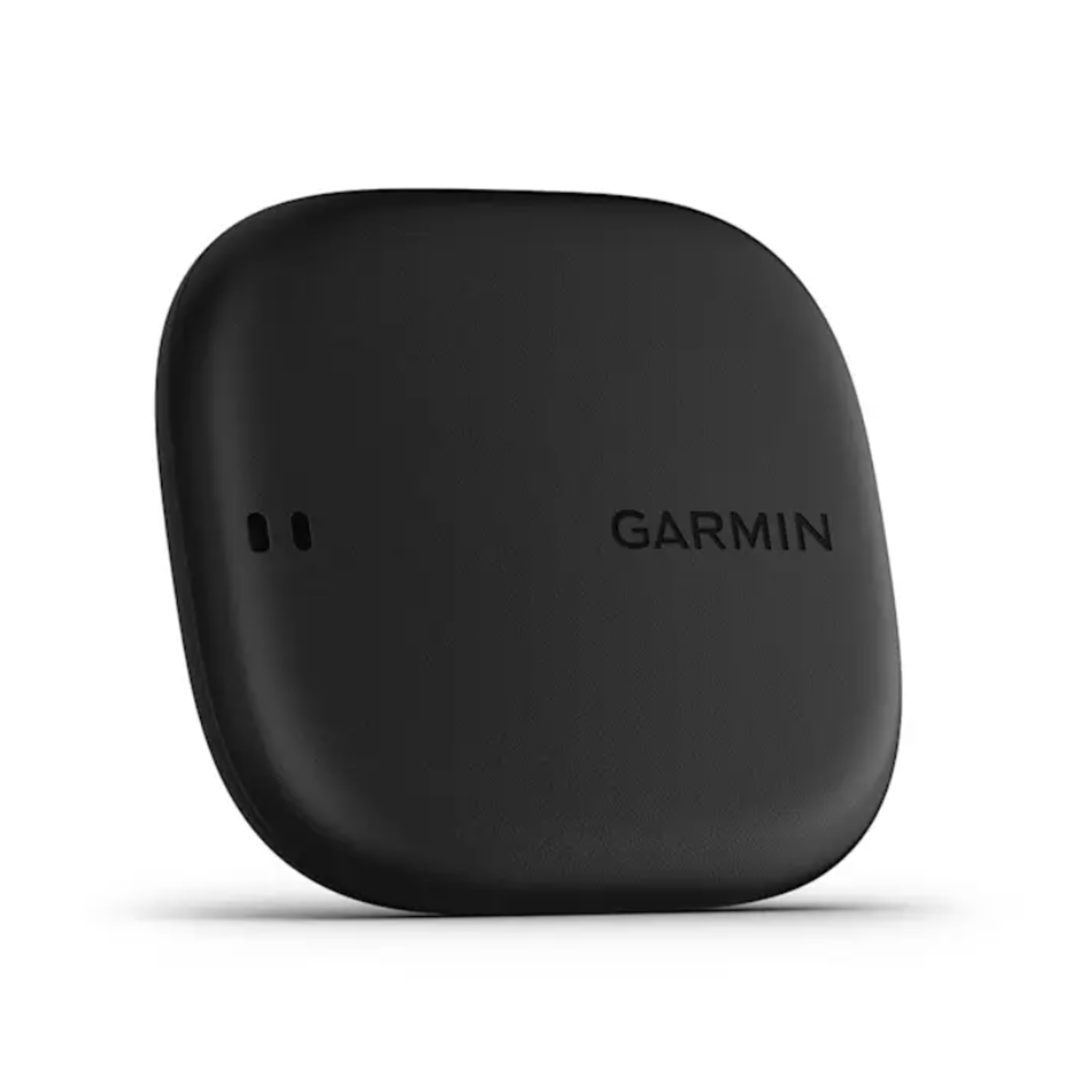 A black Garmin device is shown, it is a rounded square shape. It has the brand name 'GARMIN' printed on it.