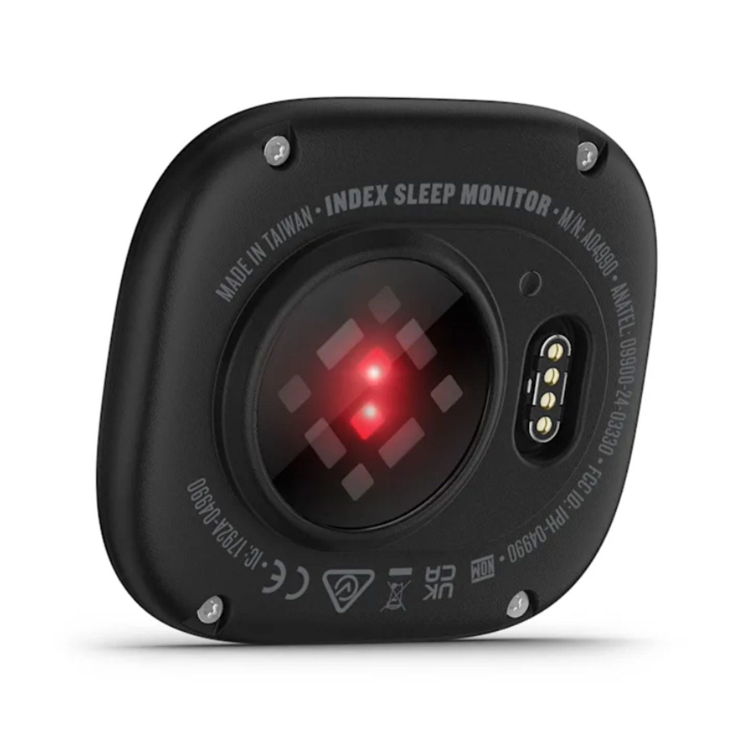 Black sleep monitor underside with red sensor, text, and silver screws.  Made in Taiwan. Index Sleep Monitor.