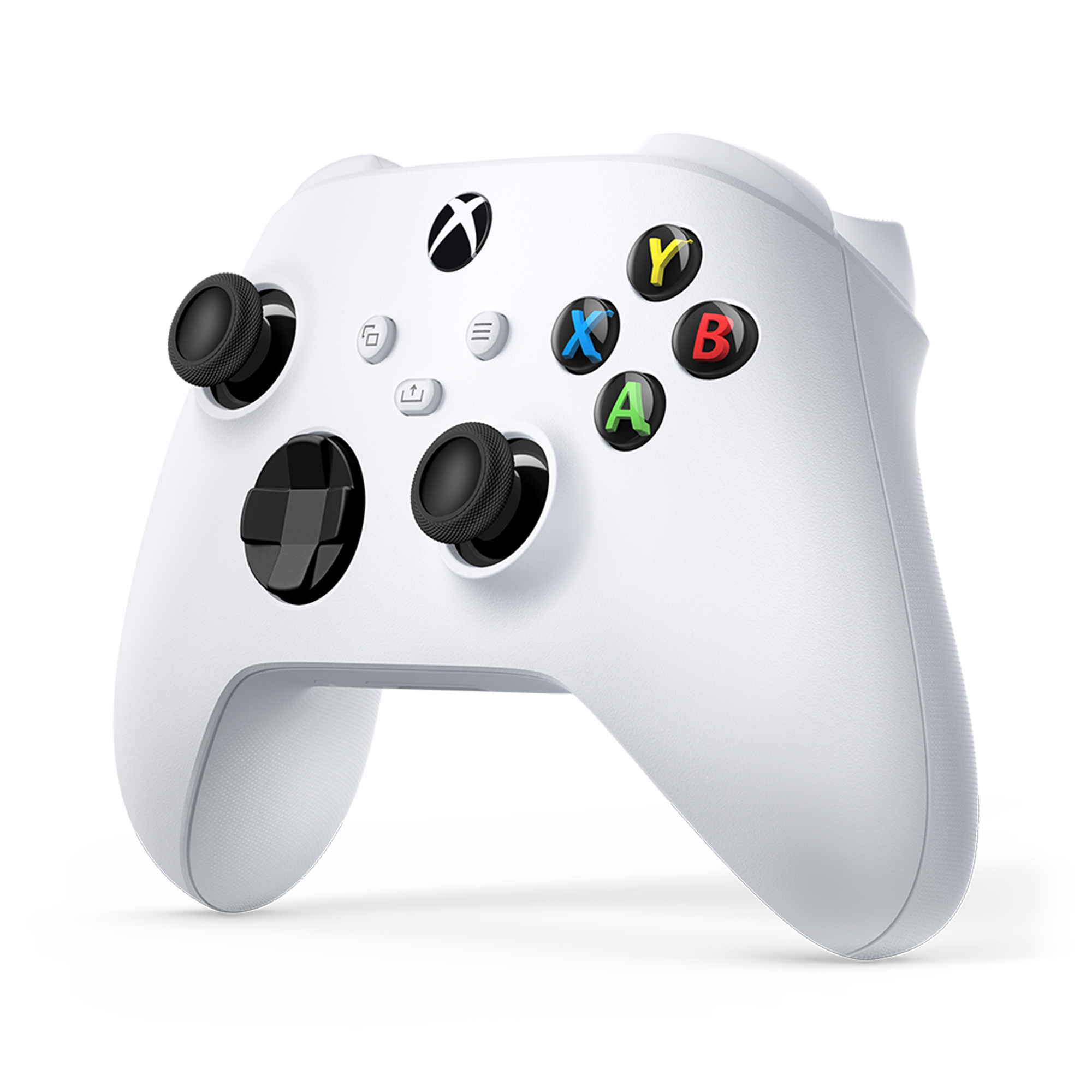 Siyah başparmak çubuklarına ve renkli düğmelere sahip beyaz bir Xbox denetleyicisi: Y-sarı, X-mavi, B-kırmızı ve A-yeşil.