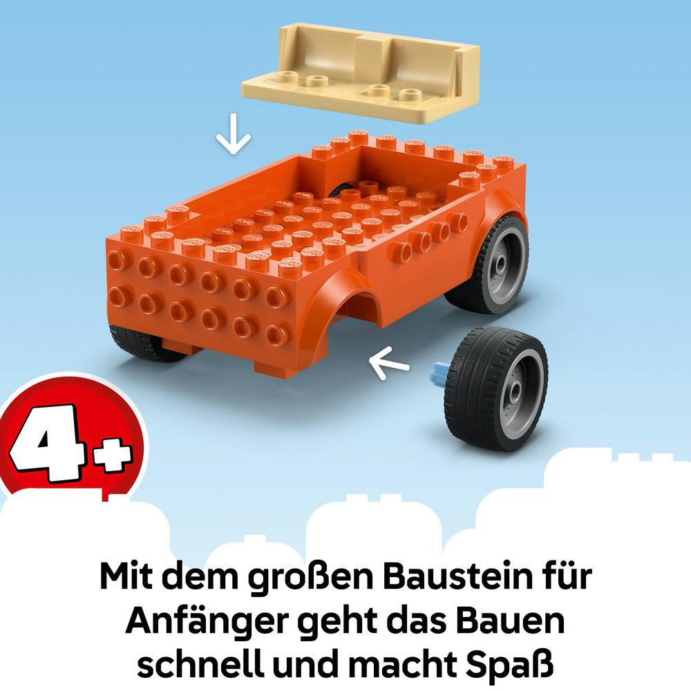Ein orangefarbenes Lego-Auto wird zusammengebaut. Ein weißer Pfeil zeigt auf das Rad. Ein Lego-Sockel ist oben. Text sagt '4+'.