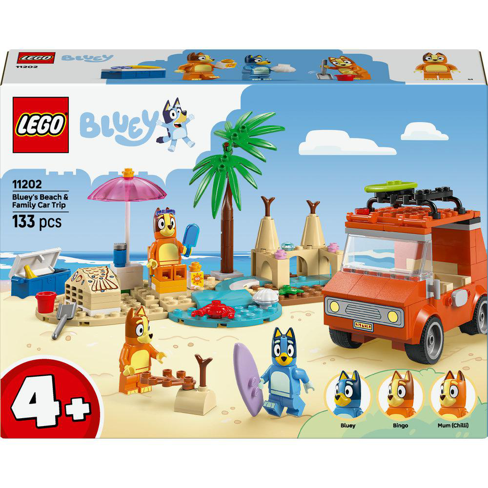 LEGO Bluey Set. Oranger Van, Figuren Bluey, Bingo und Mum. Strandszene mit Palme, Sonnenschirm und Surfbrett. Box: Blueys Strand & Familienausflug.