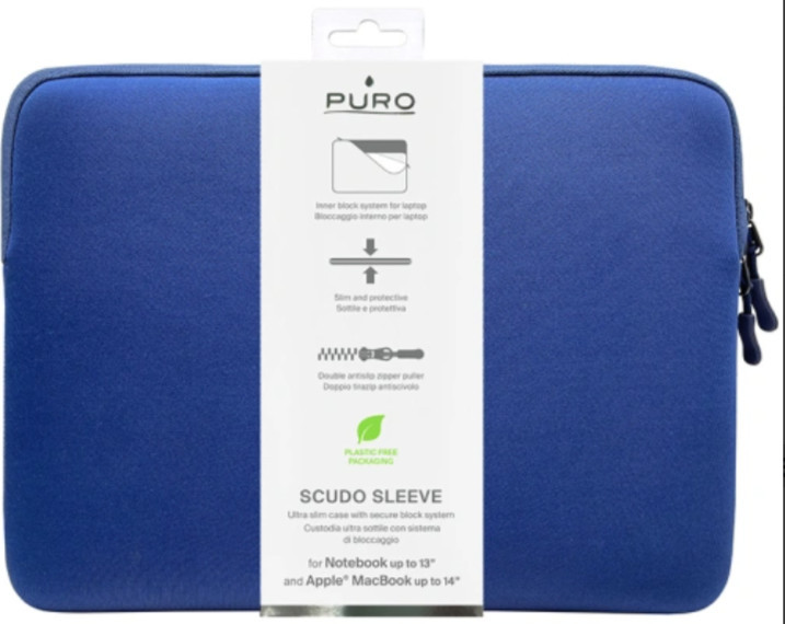 Niebieska torba na laptopa z białą etykietą. Etykieta zawiera tekst i ikony. Z prawej strony znajduje się zamek błyskawiczny.