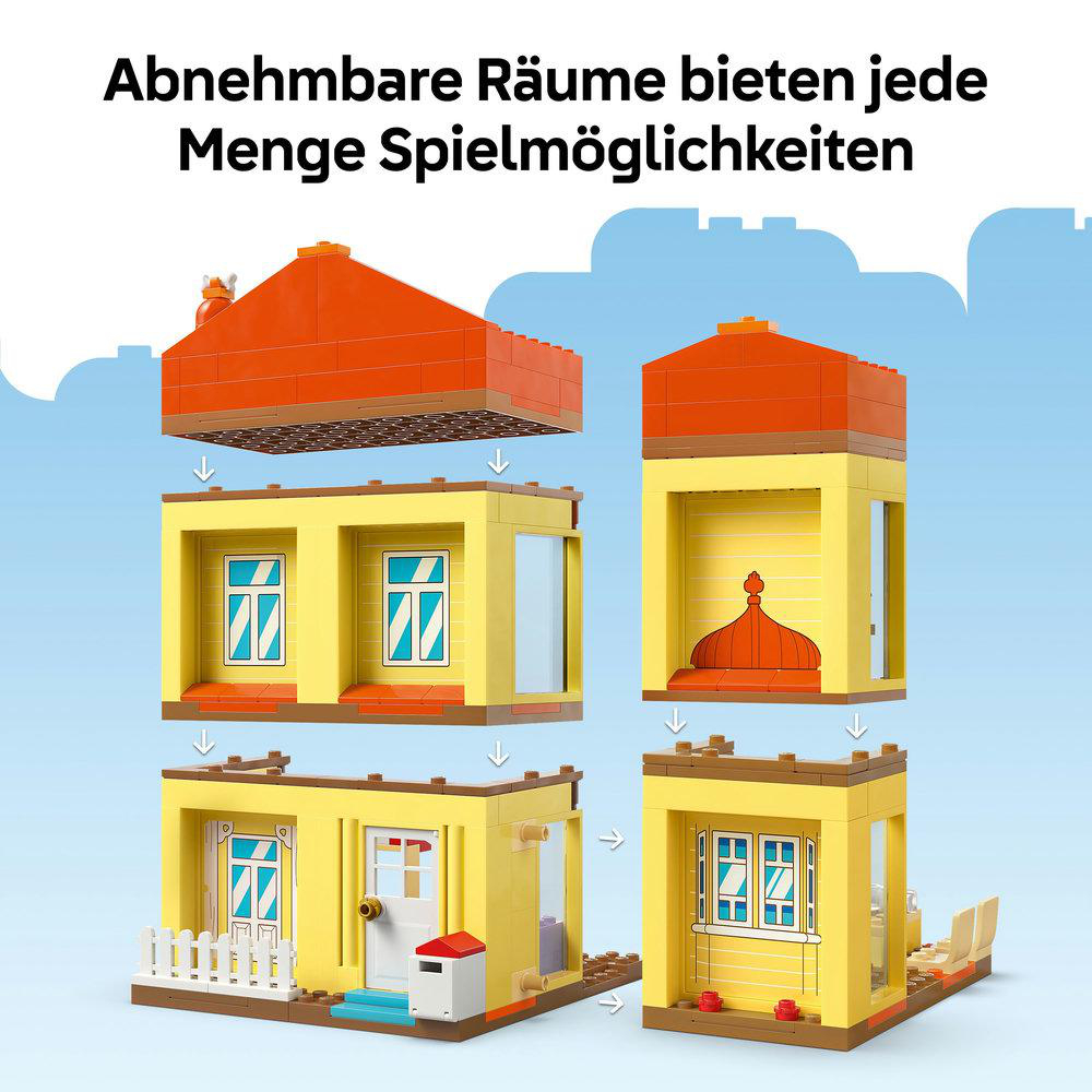 Vier modulare Spielhausabschnitte. Jedes zeigt einen anderen Raum mit orangen Dächern, gelben Wänden, Fenstern und Türen. Text oben: Herausnehmbare Räume bieten viele Spielmöglichkeiten.