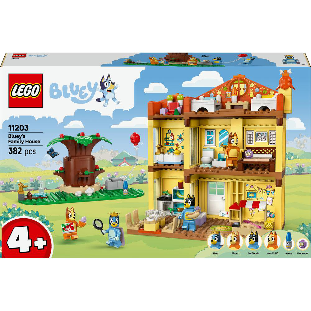 LEGO Bluey's Family House Set-Box. Die Box zeigt ein gelbes Haus mit Bluey-Figuren und Zubehör, mit einem Baum und Himmel im Hintergrund.