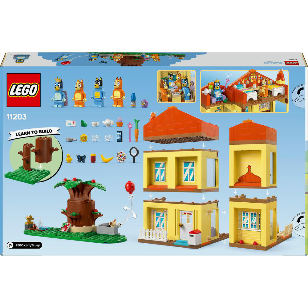 Lego Bluey Box. Enthält Bluey-Figuren, ein Hausbau, Baum und verschiedene kleine Zubehörteile. Orangefarbenes Dach und gelbes Haus.