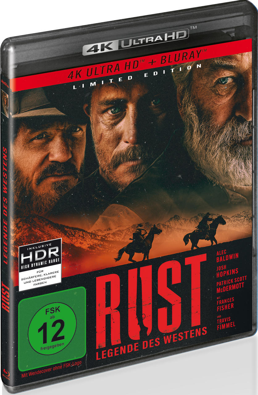 Filmcover für "Rust". Gesichter von Schauspielern. Zwei Reiter auf Pferden. Titel "Rust" und "Legende des Westens".