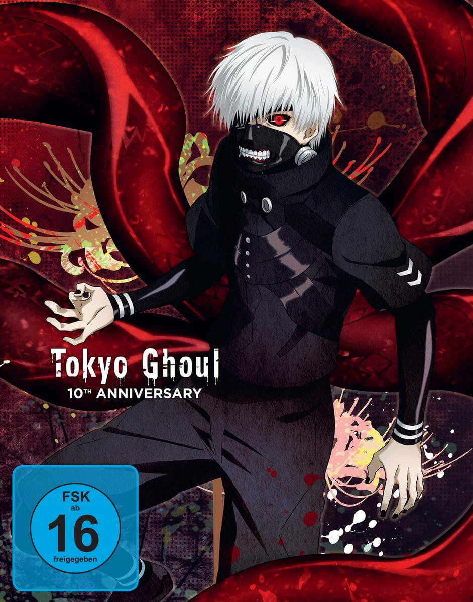 Tokyo Ghoul 10th Anniversary Cover. Figur mit weißen Haaren, schwarzer Maske und roten Augen. Roter Hintergrund mit Titel.