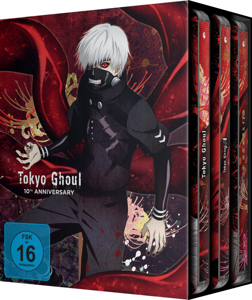 Tokyo Ghoul 10th Anniversary Box-Set. Ein Charakter mit weißen Haaren und Maske. Das Set enthält mehrere Bände.