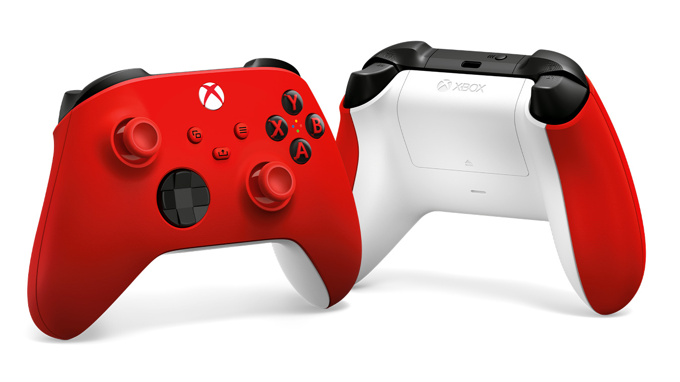İki kırmızı ve beyaz Xbox denetleyicisi görüntüleniyor. Biri düğmeleriyle ön tarafı, diğeri ise arka tarafı ve Xbox logosunu gösteriyor.