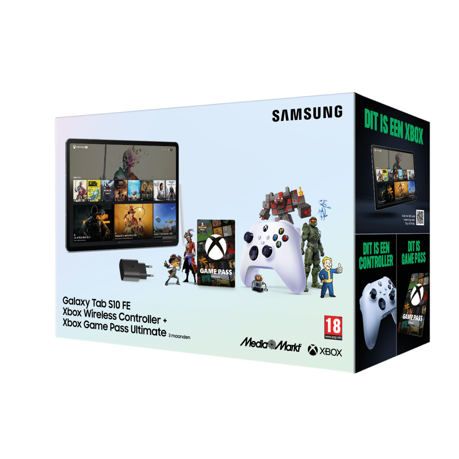 Doos met Samsung tablet, Xbox controller en Game Pass. Figuurtjes en tekst: 'Dit is een Xbox'.