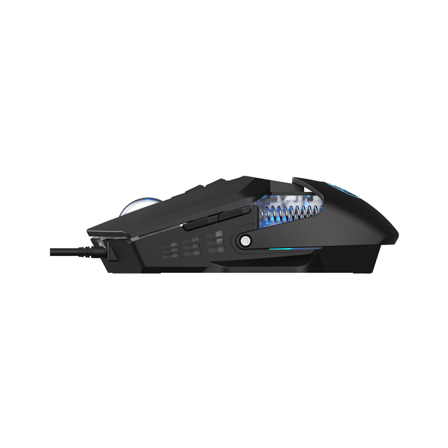 A black gaming mouse with blue internal lighting. The mouse has a scroll wheel and a cord.