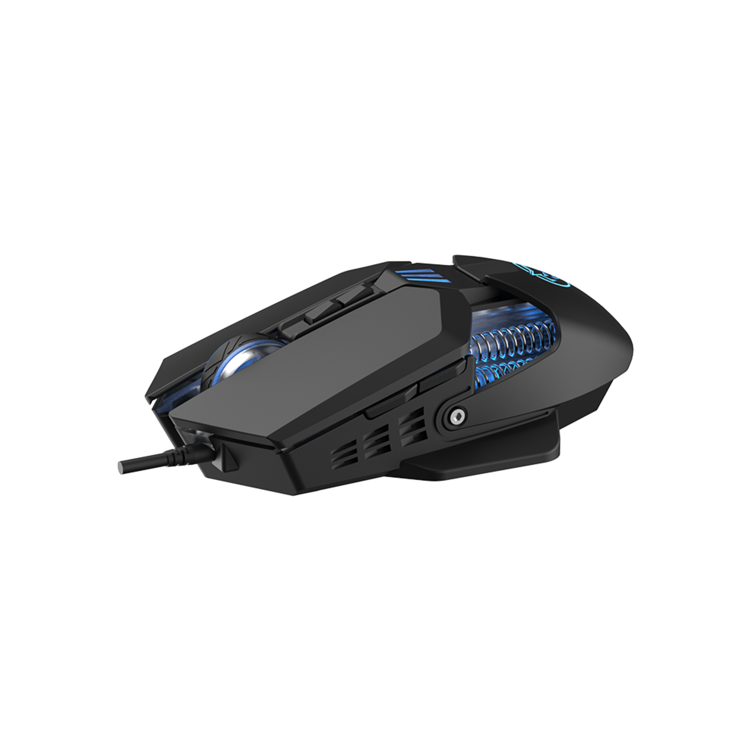 A black gaming mouse with blue accents and a cable. The mouse features a futuristic design.